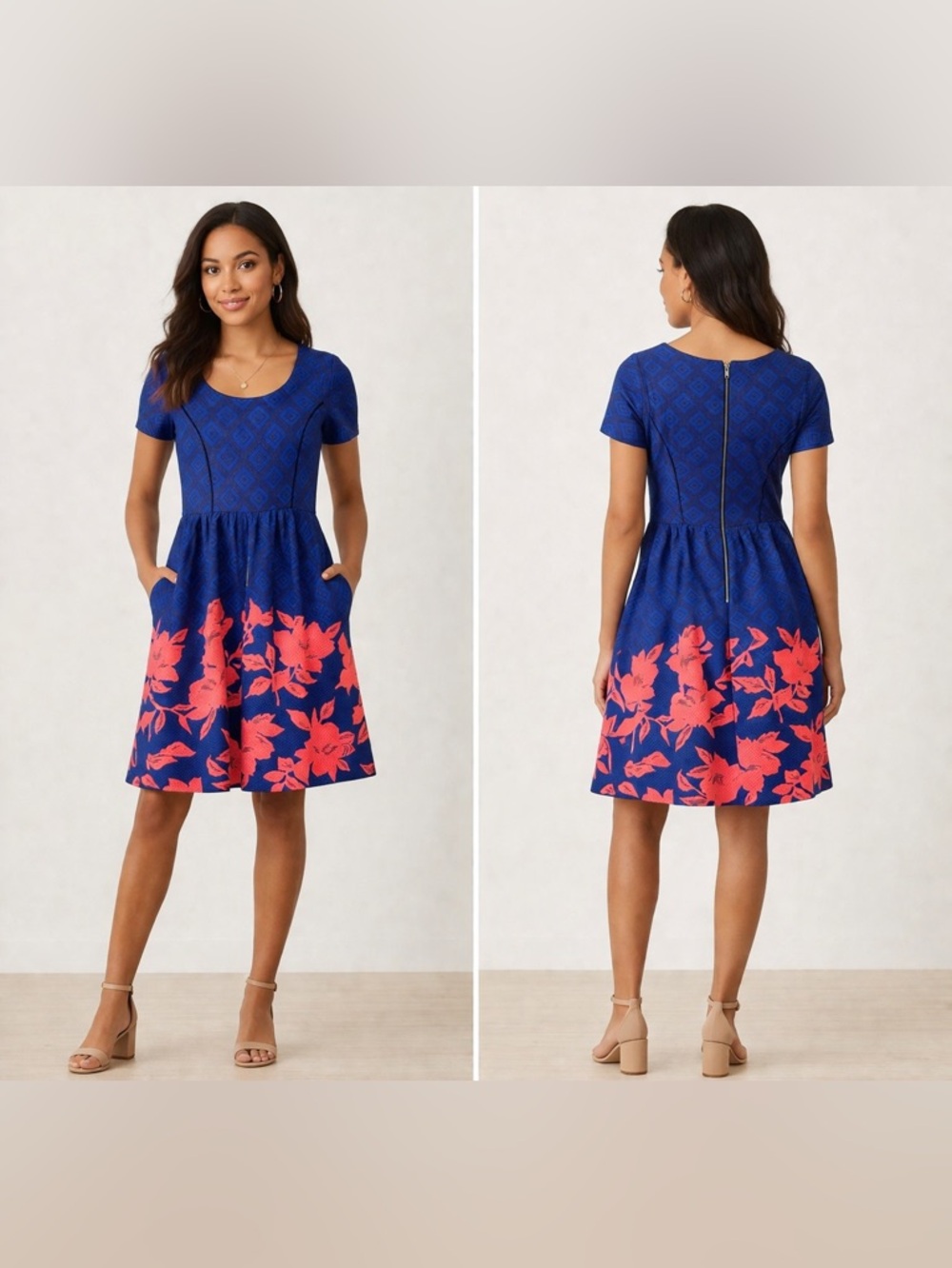 🌺 HD in Paris (Anthropologie) Blue & Coral Fit & Flare Dress